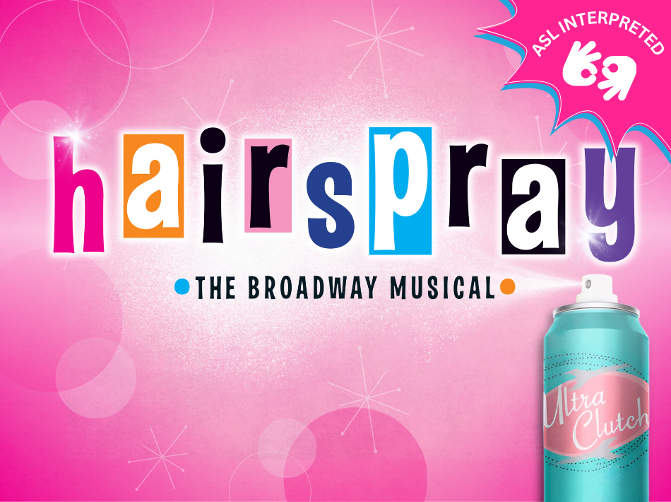 ASL Performances 2 Pink background, hairspray the musical logo, hairspray can spraying hairspray